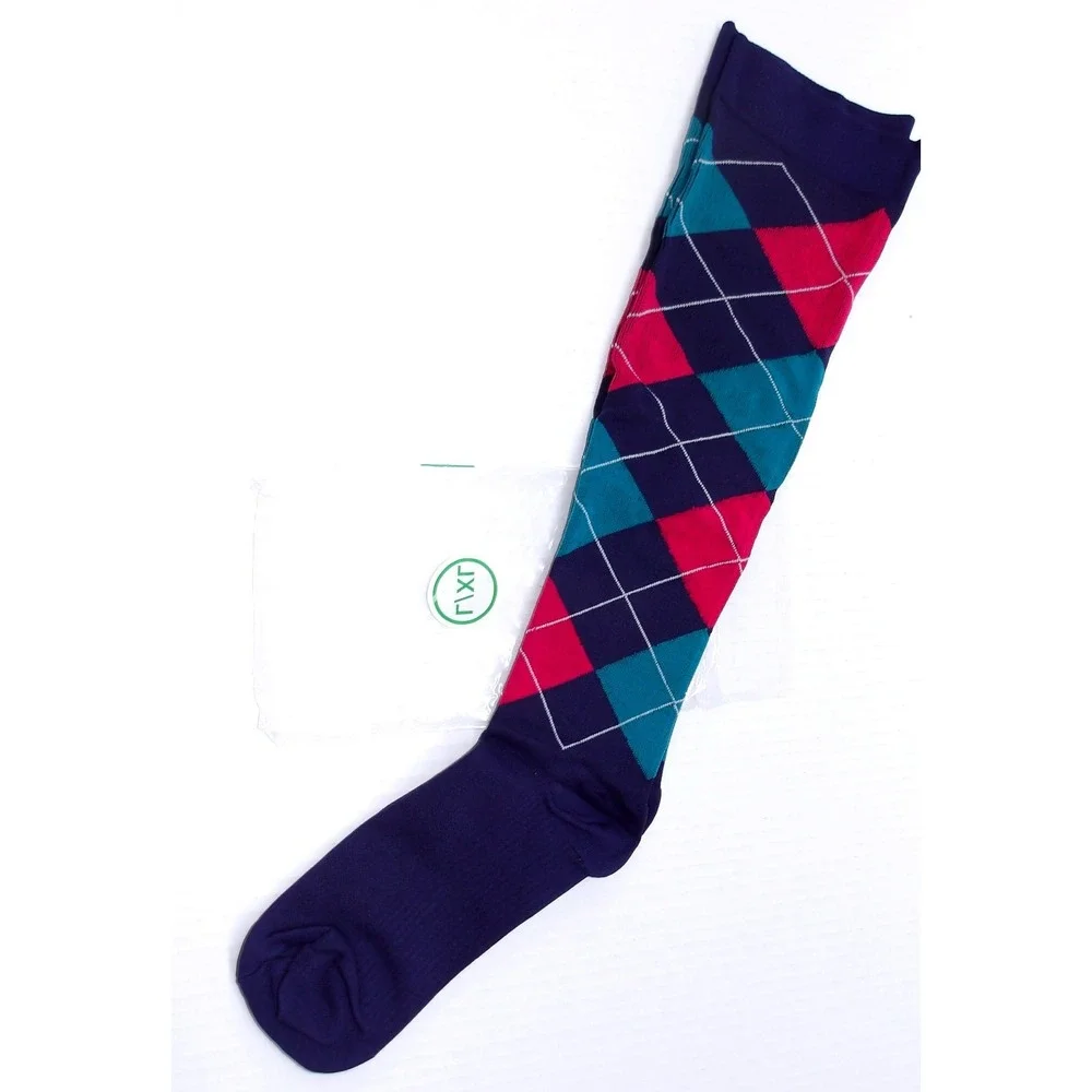 Argyle Pattern Compression‎ Socks LXL Navy Teal Pink Diamond Print L/XL #1372